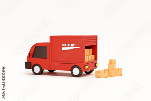 Red delivery car deliver express with cardboard boxes cartoon shipping and transportation concept on white background 3d rendering © mamewmy
