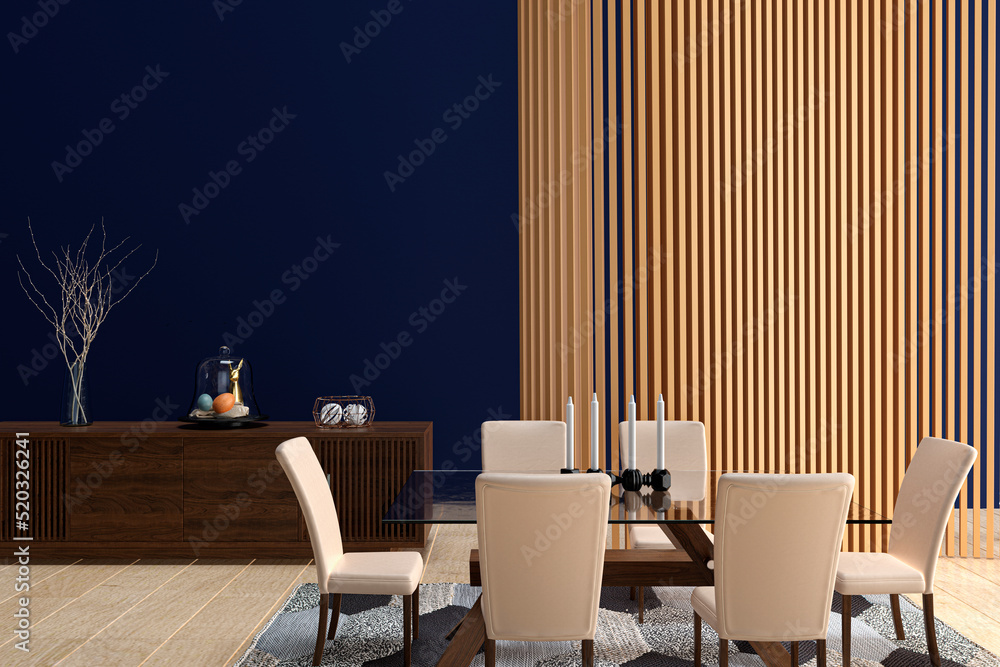 3d rendered illustration of a spacious dinning room with wood panel decoration.