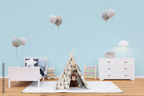 Kids bedroom with stuffed toy animals and play teepee. 3d rendered illustration.
