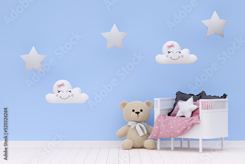 3d rendered illustration of a cute teddy bear in a bedrrom with and squishmallow pillows and stars decoration on wall. photo