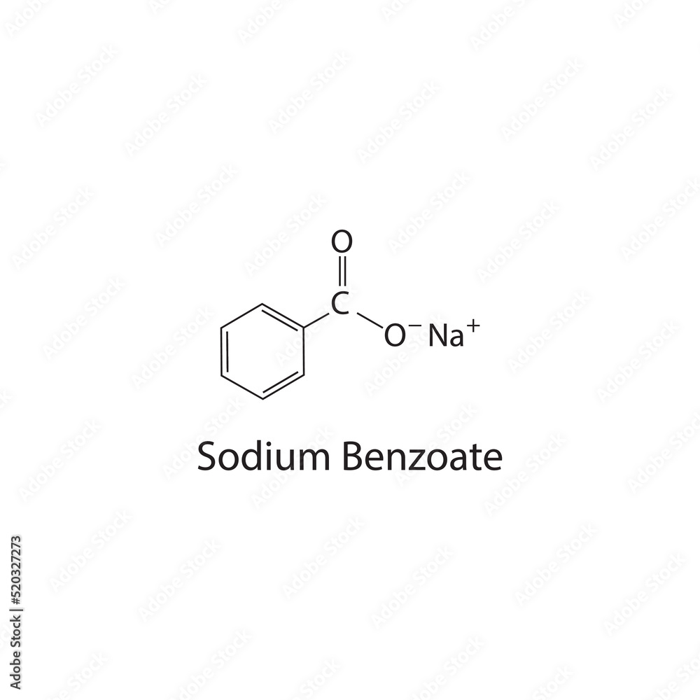 Sodium benzoate chemical structure on white background. Sodium benzoate chemical structure on white background.