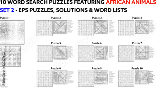 10 Word Search Puzzles Featuring African Animals