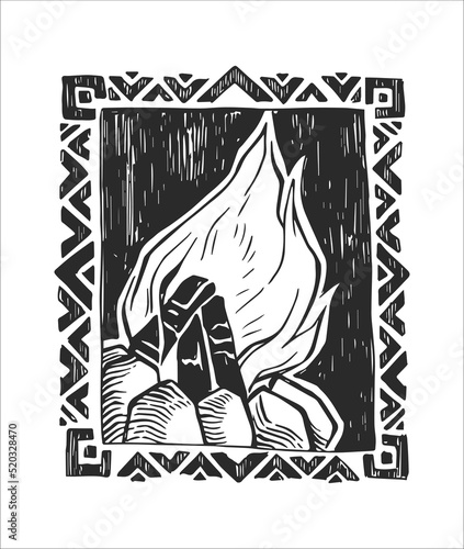 Vector illustration with black and white bonfire. Campfire on sky background in linocut style. Hand drawn sketch of camping atmosphere.