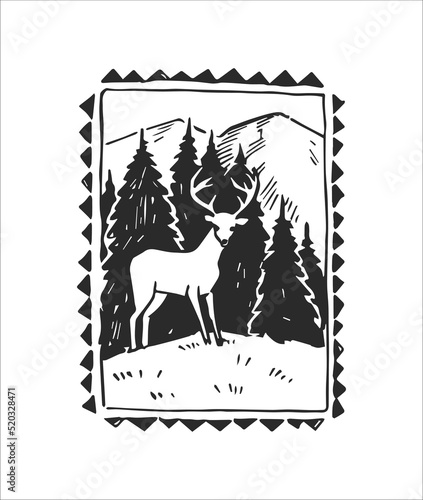 Vector illustration with deer on the background on the forest. Hand drawn sketch with wild nature view with animal.