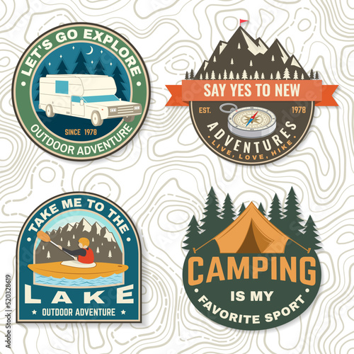 Set of camping badges Logo Patch. Vector illustration. Concept for shirt or logo, print, stamp or tee. Vintage typography design with man in canoe, lake, compass, camper rv , tent and forest