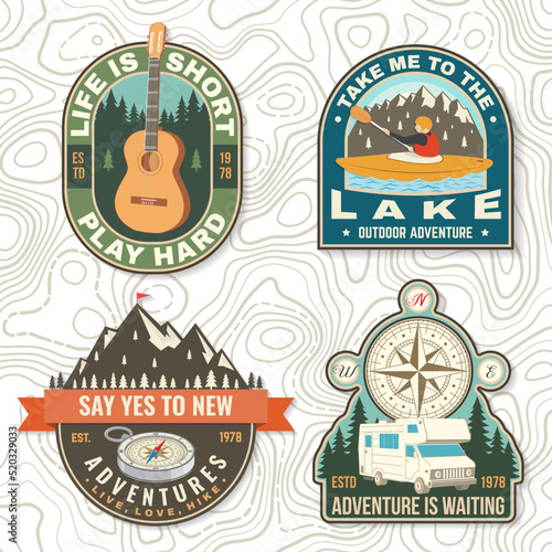 Set of camping badges Logo Patch. Vector illustration. Concept for shirt or logo, print, stamp or tee. Vintage typography design with guitar, man in canoe, lake, compass, camper rv , tent and forest