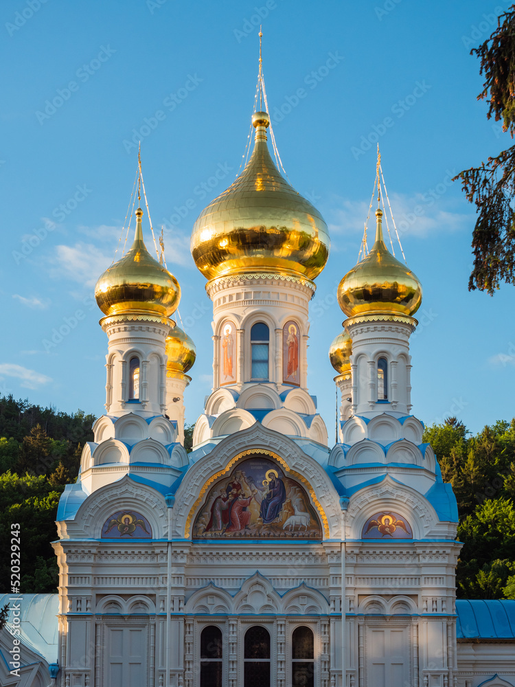 Saint Peter and Paul Cathedral, Orthodox Church Exterior in Karlovy Vary, Bohemia, Czech Republic with Golden Domes