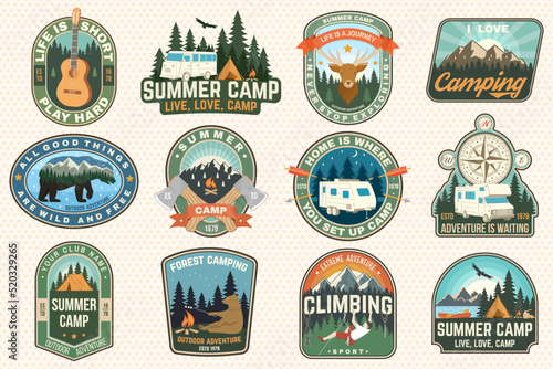 Set of Summer camp patches. Vector. Concept for shirt or logo, print, stamp, patch or tee. Vintage typography design with guitar, rv trailer, camping tent, forest, mountain silhouette.