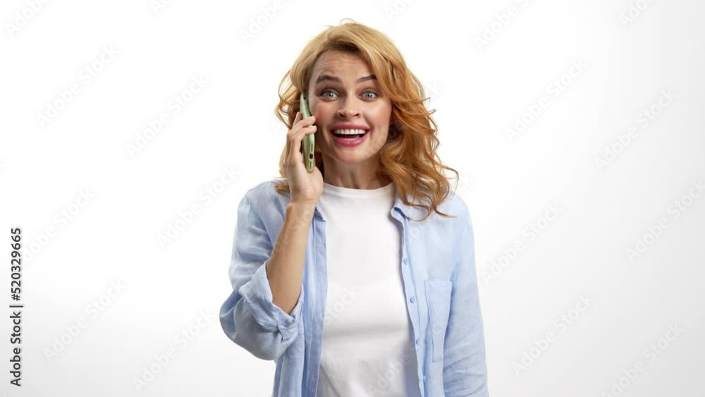 surprised woman talking on phone having good news feel happiness, emotions surprised woman talking on phone having good news feel happiness, emotions