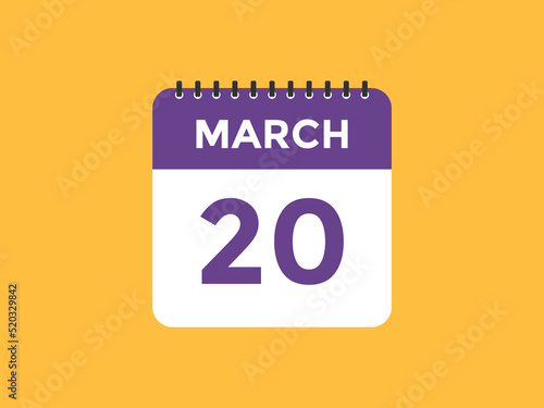 march 20 Calendar icon Design. Calendar Date 20th March. Calendar template 