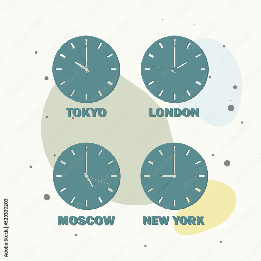 Set of clocks showing the time difference in different time zones. Timezone clock and international time on multicolored background. Set of clocks showing the time difference in different time zones. Timezone clock and international time on multicolored background.