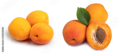 Apricots. Apricot isolate. Apricots with slice on white. Full depth of field.