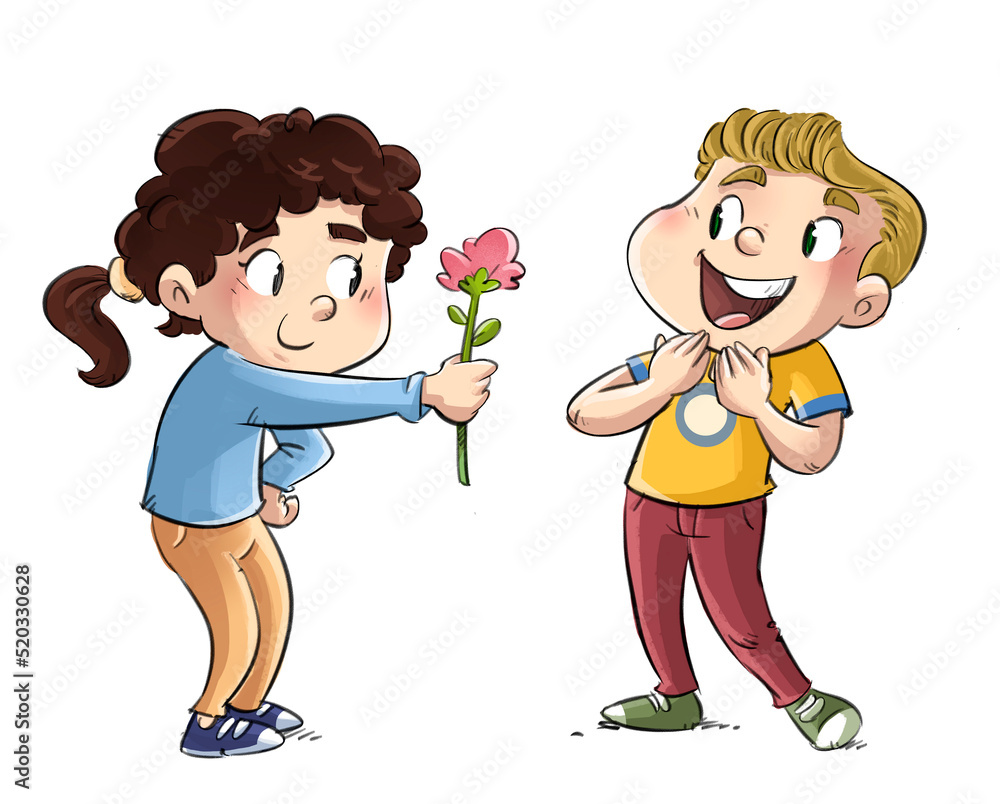 Illustration of a little girl giving a flower to another boy Illustration of a little girl giving a flower to another boy