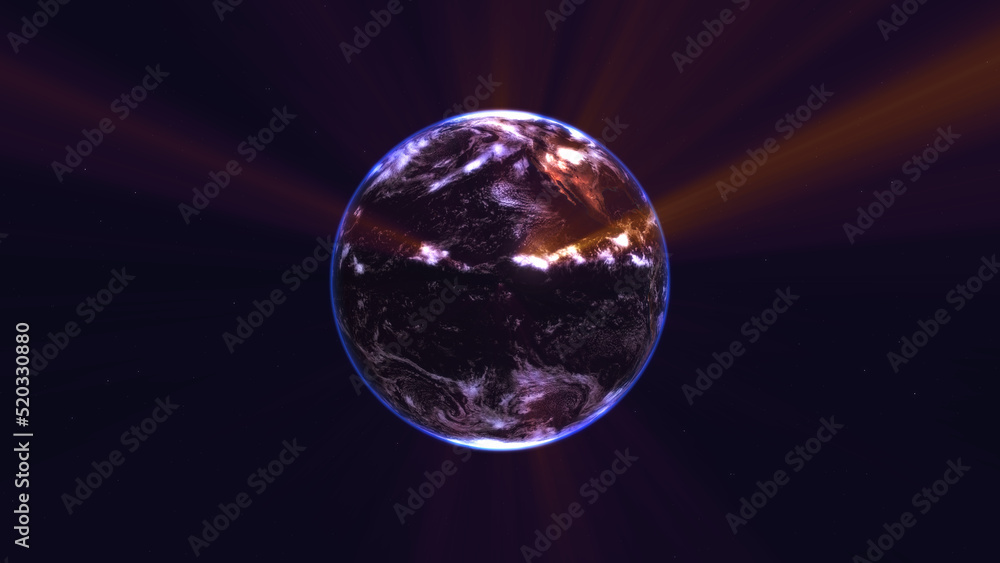 earth globe with glowing details and light rays. 3d illustration.