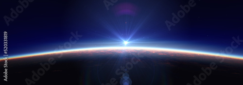 Earth sunrise from space over cloudy ocean. 3d rendering