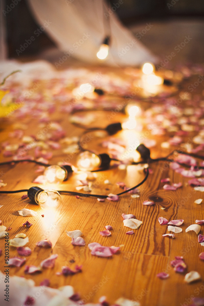 Rose petals and a garland of lamps on the floor Rose petals and a garland of lamps on the floor