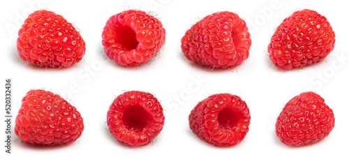 Raspberries isolate set. Raspberry isolated on white background. Red berry closeup.