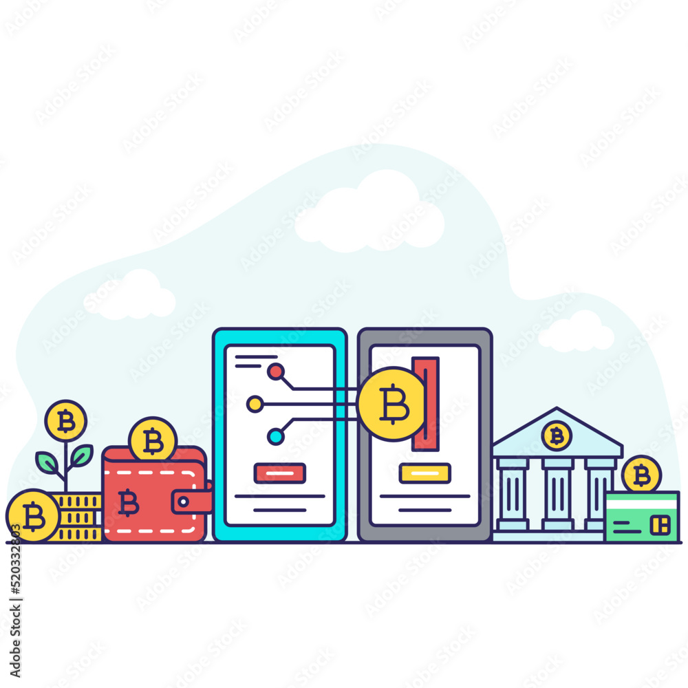 Unique design illustration of mobile bitcoin transfer Unique design illustration of mobile bitcoin transfer