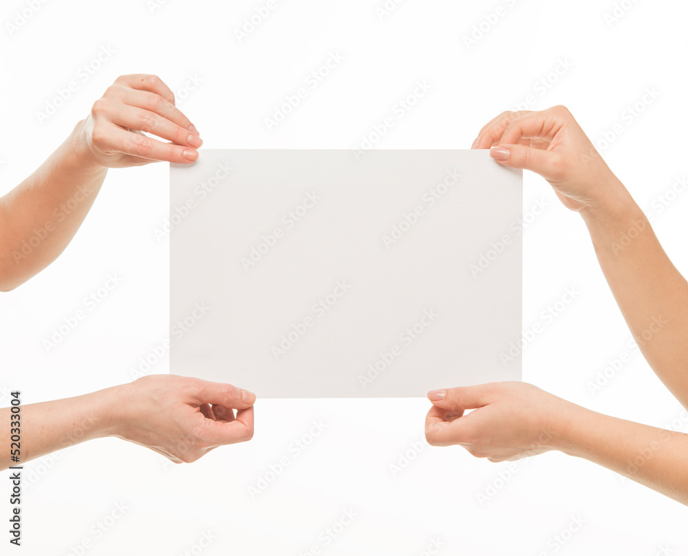 two pairs of female hands hands hold pull in different directions tear a blank sheet of paper document on a white background isolated two pairs of female hands hands hold pull in different directions tear a blank sheet of paper document on a white background isolated