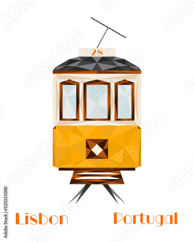 Lisbon, capital city of Portugal. Iconic yellow Lisbon tram. Travel and tourism concept, modern low poly design. Hand drawn, vector eps.