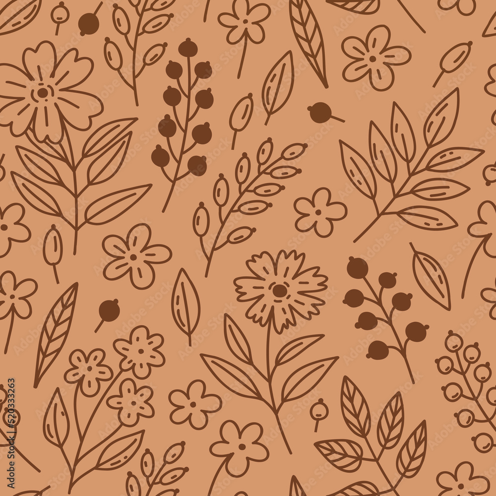 Floral seamless pattern in doodle style. Berries, leaves, flowers in sepia colors background. Texture for fabric, textile, wallpaper, wrapping paper.