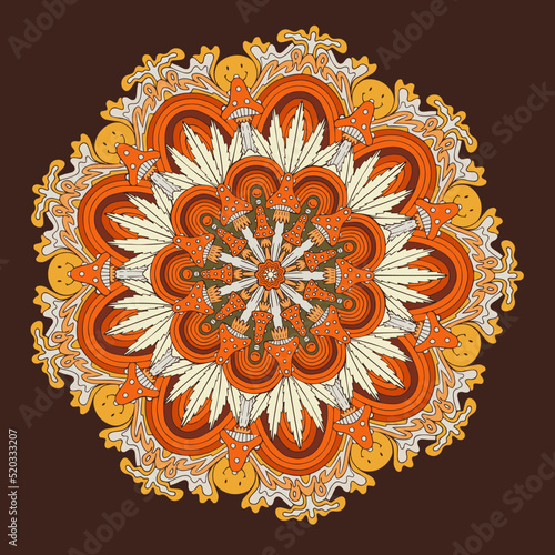 Round mandala with cannabis leaves, fly agaric, emoticons, rainbows and other elements, Colored mandala. Vector illustration.