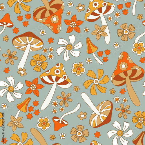 Autumn, seamless background with mushrooms and flowers in retro style. Bohemian, flower child, 60s, 70s vector pattern. Texture for autumn textiles, fabrics, paper, wallpapers.