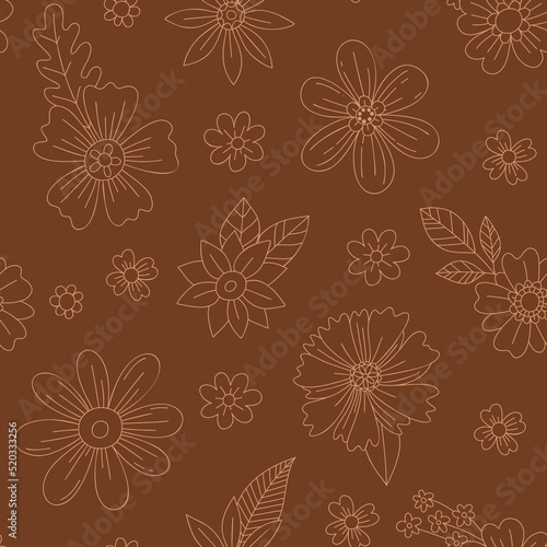 Floral background in retro style with linear flowers and leaves.Floral seamless pattern in the style of the 60s, 70s. Hippie, flower child, vintage style flowers brown background.