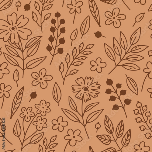 Floral seamless pattern in doodle style. Berries, leaves, flowers in sepia colors background. Texture for fabric, textile, wallpaper, wrapping paper.