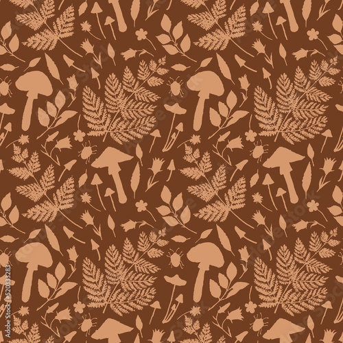Autumn, botanical background with silhouettes of wild forest plants. Boho seamless pattern with fern leaves, fly agaric and flowers.