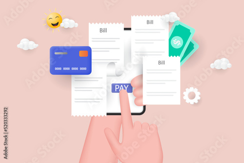 Bill payment online concept. Hand-holding mobile smartphone with paying bills. 3D Vector Illustration.