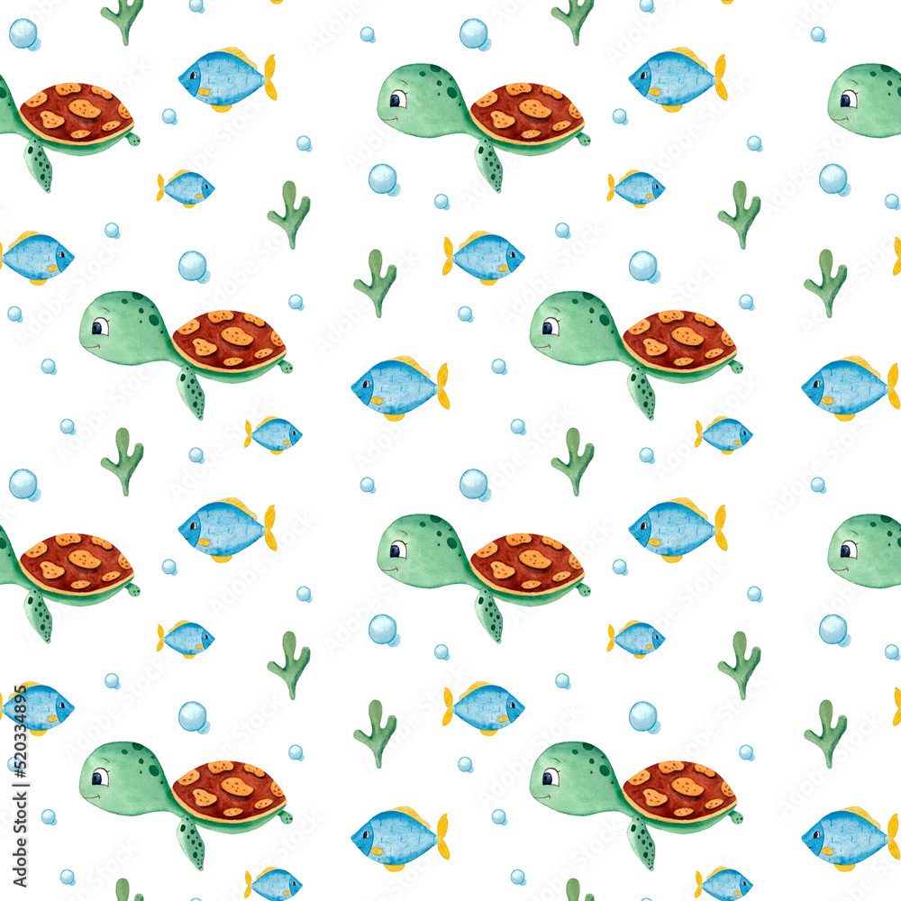 Naklejka premium Underwater seamless pattern.Seaworld watercolor background with cute turtle, fish, seaweed.