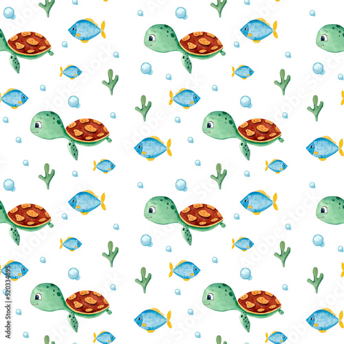 Underwater seamless pattern.Seaworld watercolor background with cute turtle, fish, seaweed.