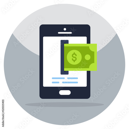 Banknote inside smartphone, icon of mobile banking