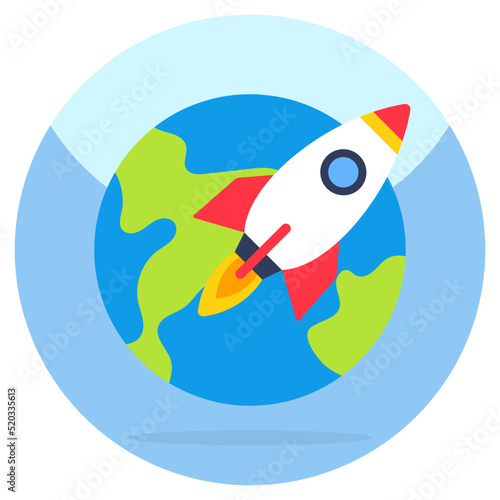 Globe with rocket, flat design icon of global launch