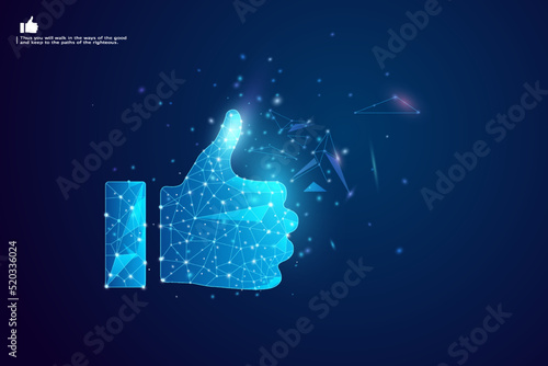 Abstract image of a hand Thumb up in the form of a starry sky or space, consisting of points, lines, and shapes in the form of planets,