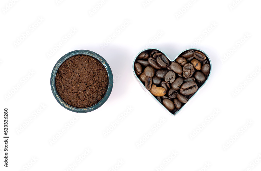 coffee beans vs in capsules,pods.roasted brown coffee beans in heart