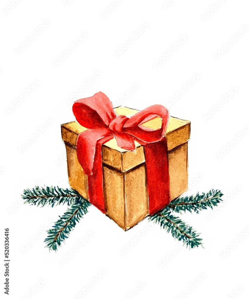 red gift Christmas box with ribbon watercolour illustration red gift Christmas box with ribbon watercolour illustration
