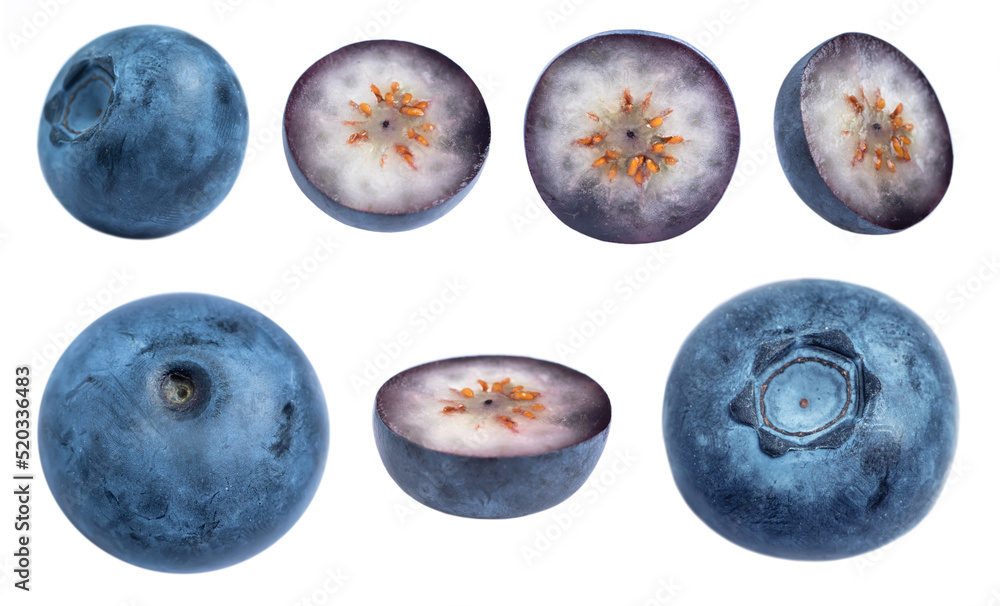 Set of Blueberries fruit and blueberry cut in half slice isolated on