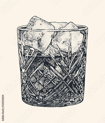 Cocktail with ice cubes in a crystal glass. Hand drawn design element. Engraving style. Vector illustration