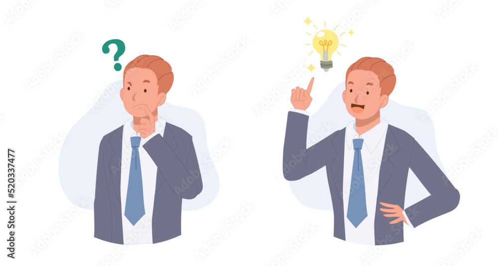 Problem solving skill to think of solution, creativity to solve, confused businessman thinking then got idea. vector illustration