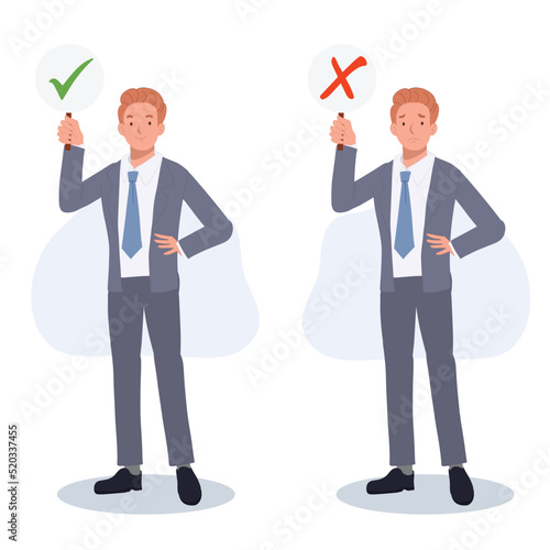 Businessman holding signboard, Positive and negative signs.true, false,do, don't.flat vector cartoon character illustration.