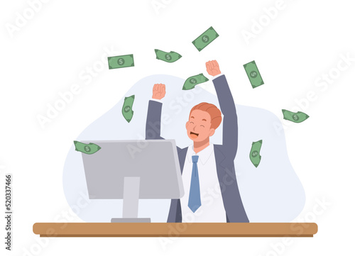 Happy Businessman making a lot of money on internet. win the prize, get money concept. Flat vector cartoon illustration.