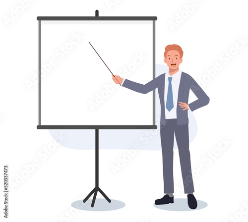 Businessman pointing on blank Board for presentation. Young Businessman in Business Suit with Tie. Flat vector illustration.