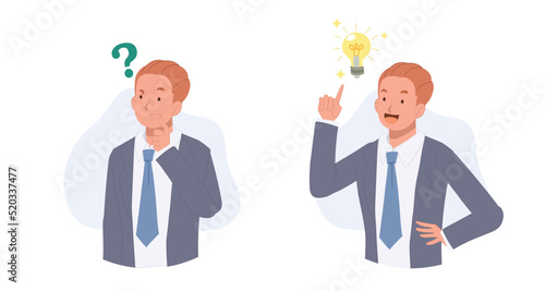 Problem solving skill to think of solution, creativity to solve, confused businessman thinking then got idea. vector illustration