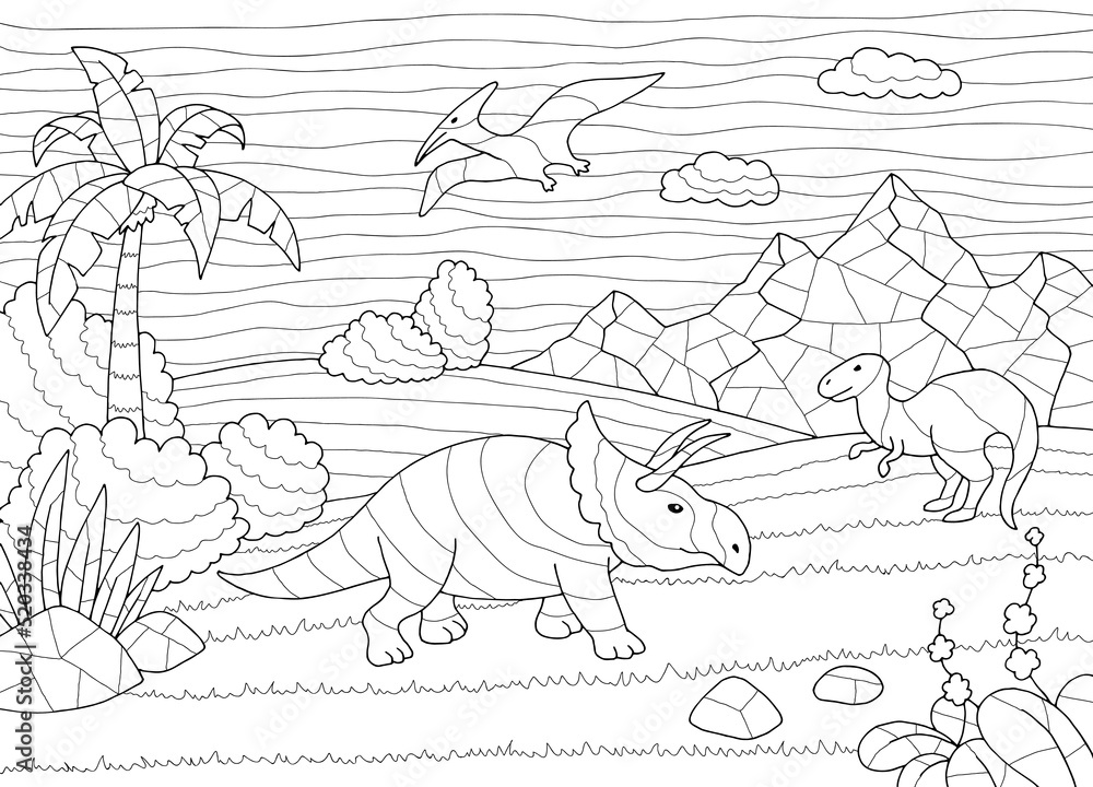 Dinosaur coloring landscape graphic black white sketch illustration vector