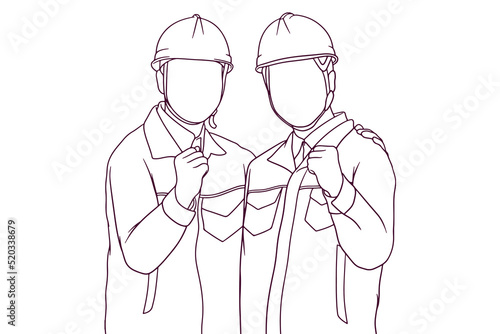engineer team showing success gesture hand drawn style vector illustration