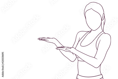 woman in fitness suit with open palm hand drawn style vector illustration