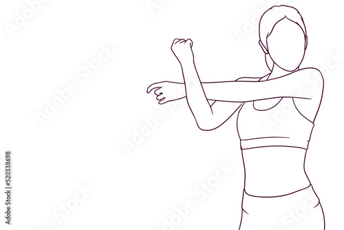 woman in fitness suit stretching hand drawn style vector illustration