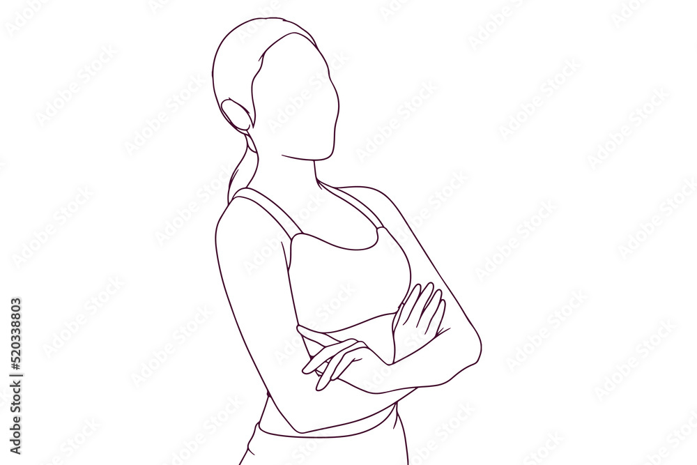 woman in fitness suit with crossed arms hand drawn style vector illustration